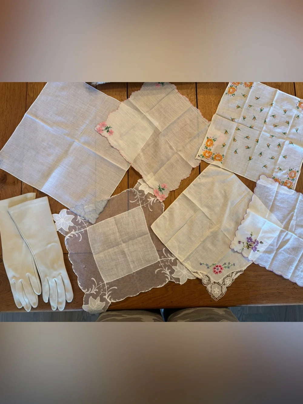 Vintage Embroidered Handkerchief Set with Gloves